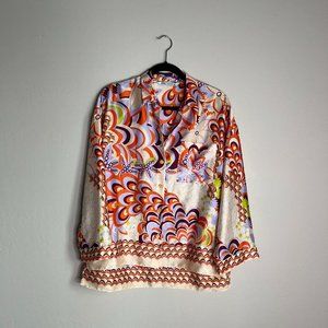 Zara Sz M ‘70s Colorful Geometric Vibe Silky Flowy Collar Button-Up Blouse